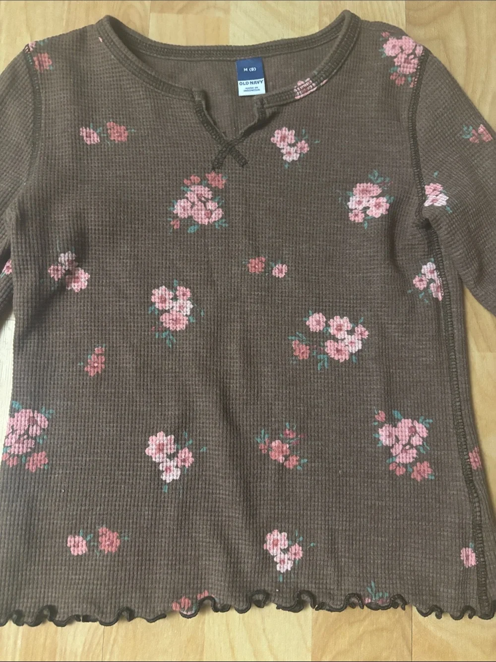 Old Navy Brown Long-Sleeve Floral Thermal Top with Pink Flowers
